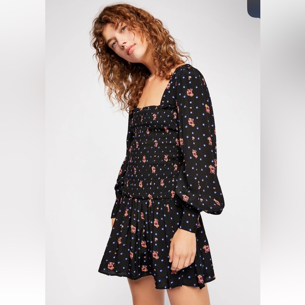 Free People Two Faces Printed Mini Dress Long Bishop Sleeve Smocked Black Small